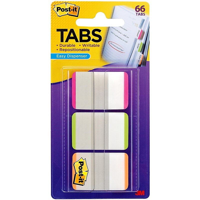 Post-it® Durable Tabs, 1" Wide, Lined, Assorted Colors, 66 Tabs/Pack (686L-PGO) image 1