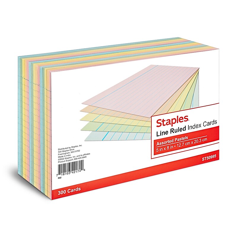 Staples 5" x 8" Index Cards, Lined, Assorted Colors, 300/Pack (TR50995) image 1
