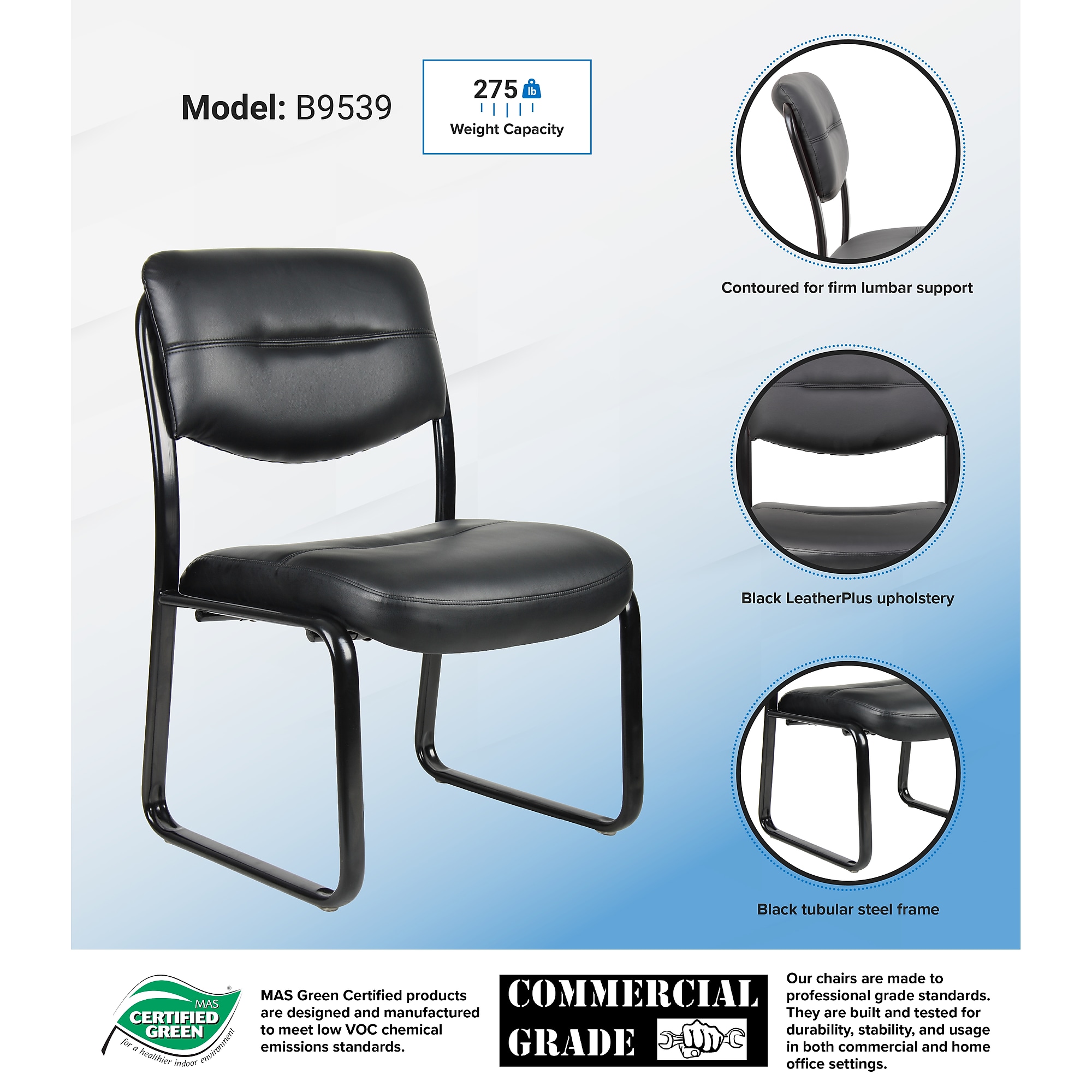 Boss Armless Leather Sled Base Side Chair, Black (B9539) Sansujyuku sansujyuku.com