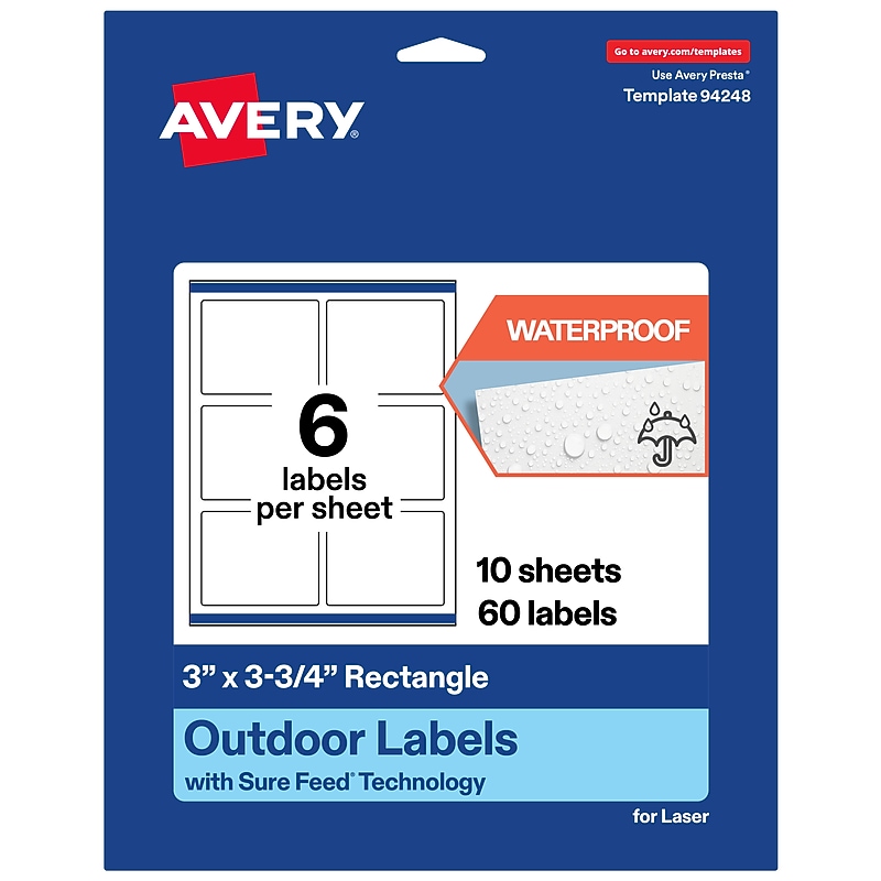 Avery Waterproof Rectangle Laser Multipurpose Labels, 3" x 3.75", White, 60/Pack (19479399332) image 1