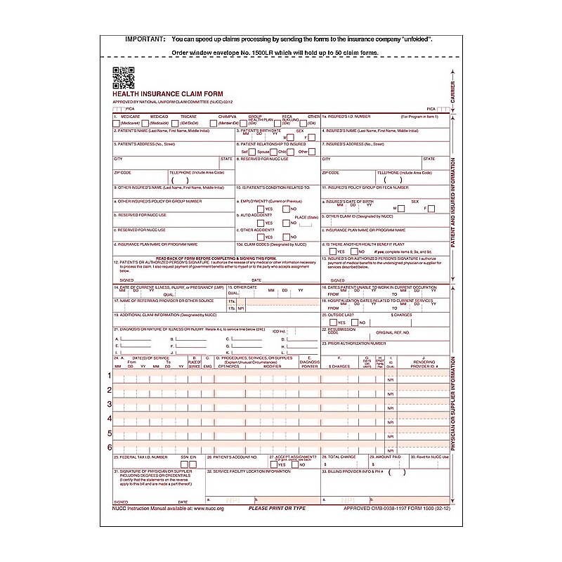 ComplyRight™ CMS-1500 Health Insurance Claim Form, 8.5" x 11" 100/Pack (650657) image 1