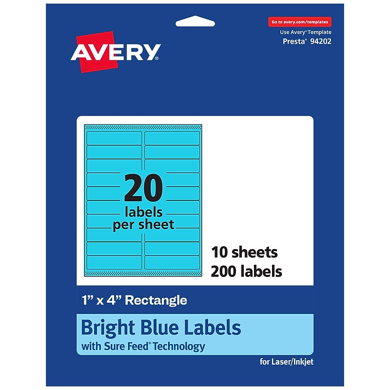Avery Laser/Inkjet Rectangle Multipurpose Labels, 1" x 4", Bright Blue, 200 Labels/Pack (94202) image 1
