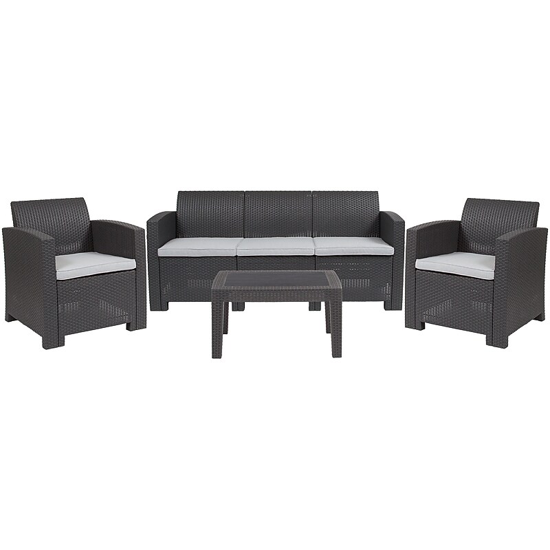 Flash Furniture Seneca Faux Rattan Chair, Sofa and Table Set, Dark Gray, 4/Set (DADSF113TDKGY) image 1