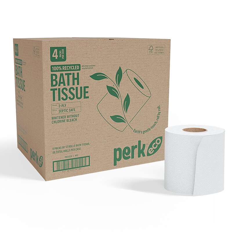 Perk™ Eco Recycled Toilet Paper, 2-ply, White, 240 Sheets/Roll, 48 Rolls/Case (PK63226CT) image 1