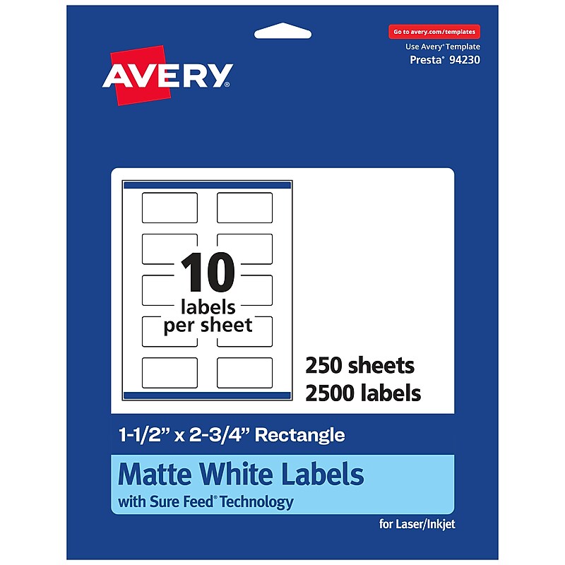 Avery Laser/Inkjet Rectangle Multipurpose Labels, 1.5" x 2.75", White, 2500 Labels/Box (94230) image 1
