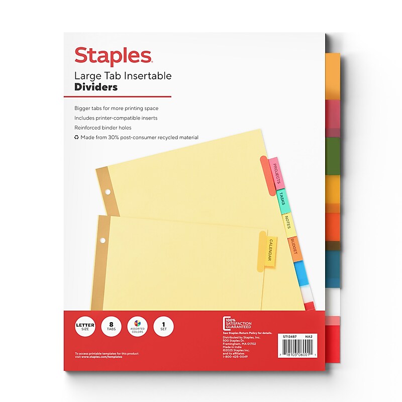 Staples Large Tab Insertable Paper Dividers, Assorted Colors, 8-Tabs (13487/11111) image 1