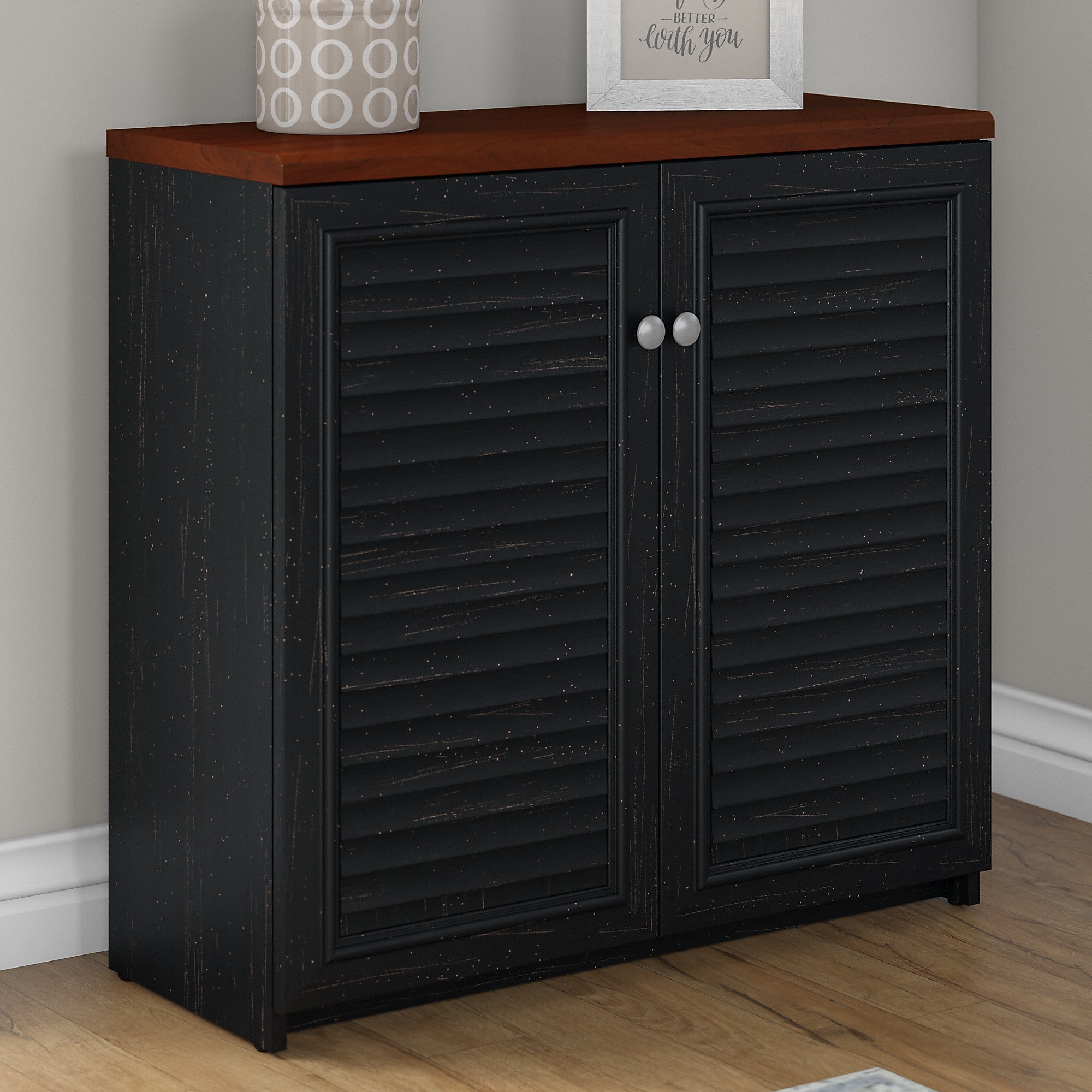 Bush Furniture Fairview Small Storage Cabinet with Doors, Antique Black/Hansen Cherry (WC53996-03) Sansujyuku sansujyuku.com