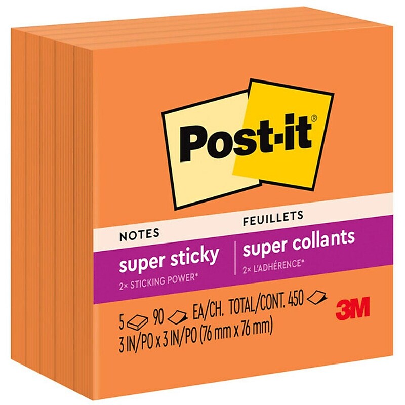 Post-it Super Sticky Notes, 3" x 3", Neon Orange, 90 Sheet/Pad, 5 Pads/Pack (654-5SSNO) image 1
