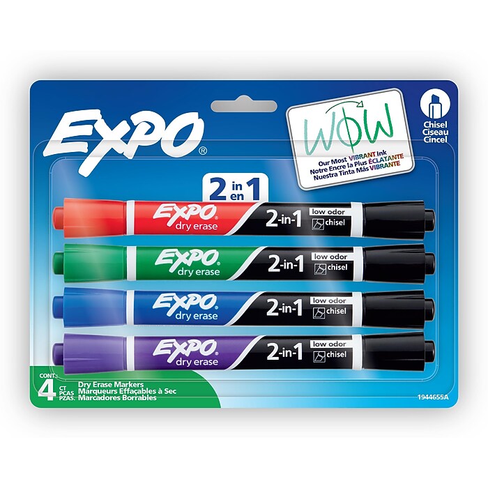 Expo 2-in-1 Dry Erase Markers, Chisel Tip, Assorted Colors, 4/Pk