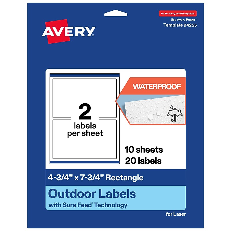 Avery Waterproof Rectangle Laser Multipurpose Labels, 4.75" x 7.75", White, 20/Pack (19479399360) image 1