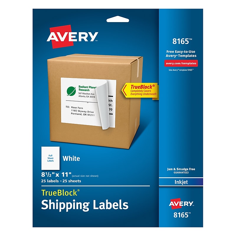 Avery TrueBlock Inkjet Shipping Labels, 8-1/2" x 11", White, 25 Labels/Pack (8165) image 1