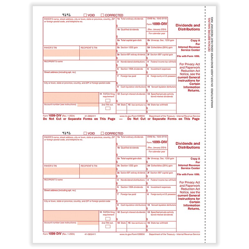ComplyRight 2024 1099-DIV Tax Form, 1-Part, 2-Up, Federal Copy A, 50/Pack (513050) image 1
