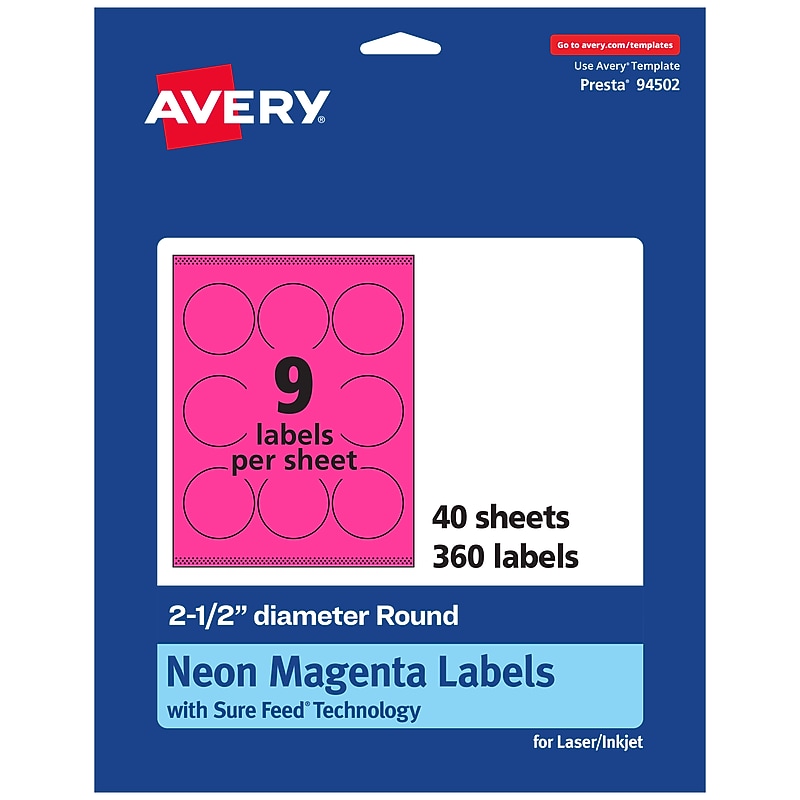 Avery Laser/Inkjet Round Multipurpose Labels, 2.5" Dia., Neon Magenta, 360/Pack (94502) image 1