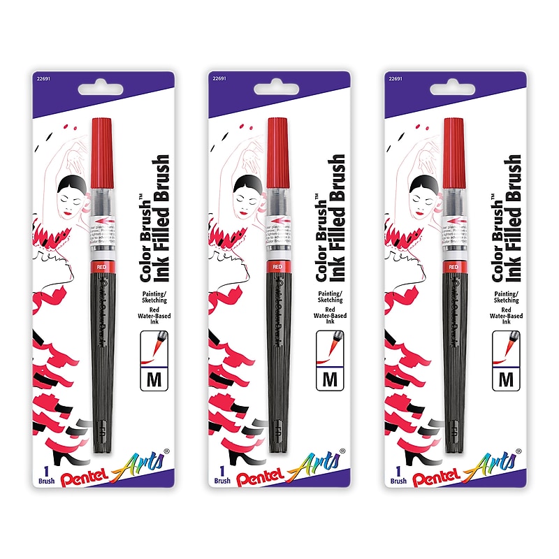 Pentel Arts Color Brush with Water-Based Ink, Medium Tip, Red, 3/Pack (PTAGFLBP102-3) image 1