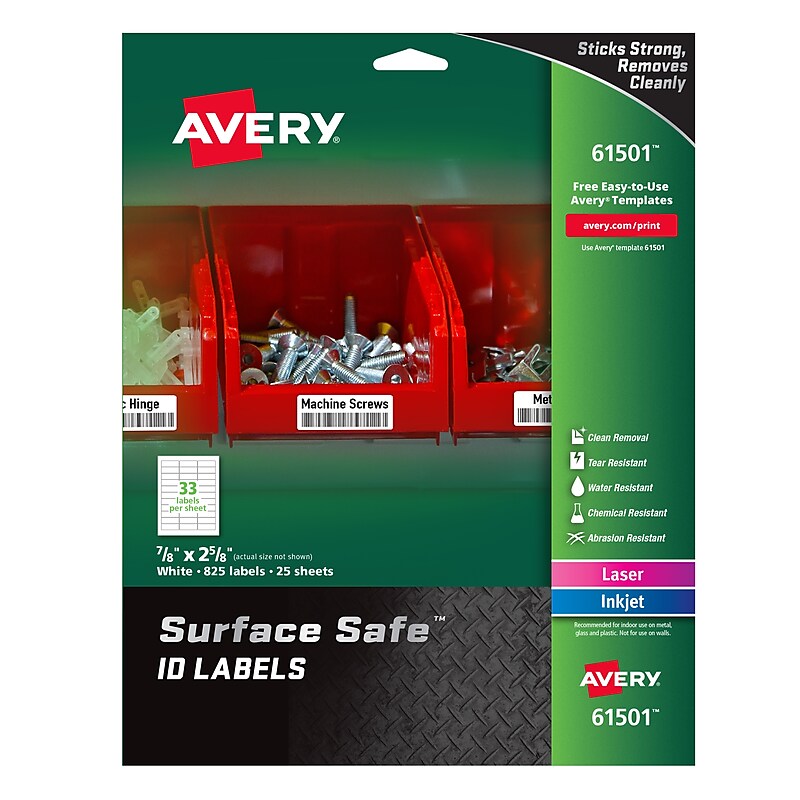 Avery Surface Safe Laser/Inkjet ID Labels, 7/8" x 2-5/8", Water Resistant, White, 825 Labels/Pack (61501) image 1
