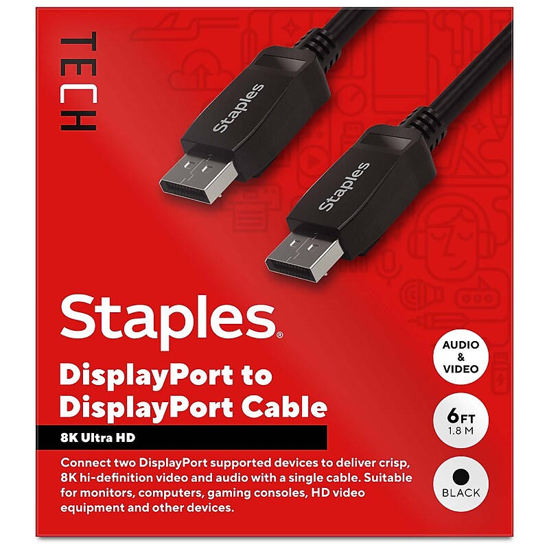 Staples TECH 6 ft. Display Port to Display Port Audio/Video Cable, Male to Male, Black (ST62474) image 1