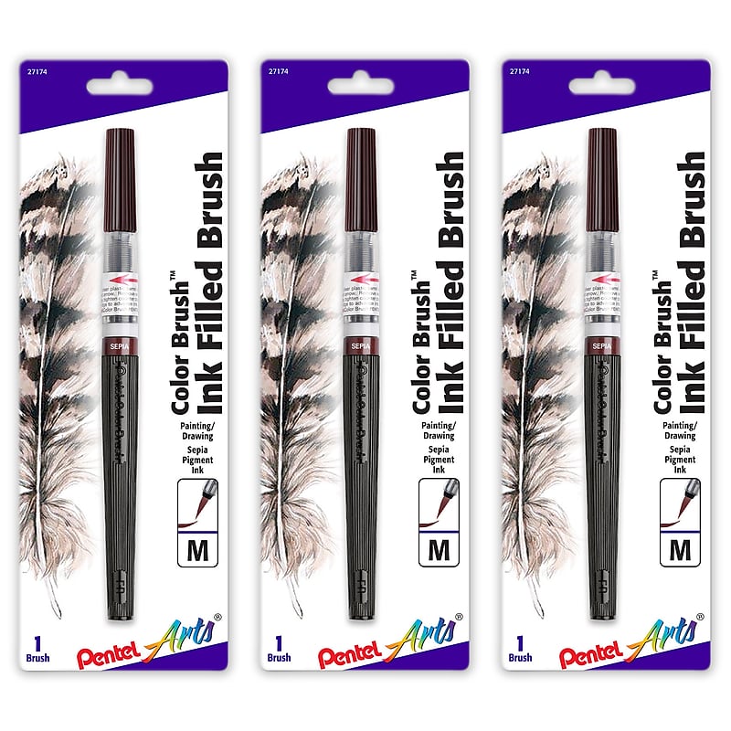 Pentel Arts Color Brush with Water-Based Ink, Sepia, 3/Pack (PTAGFLBP141-3) image 1