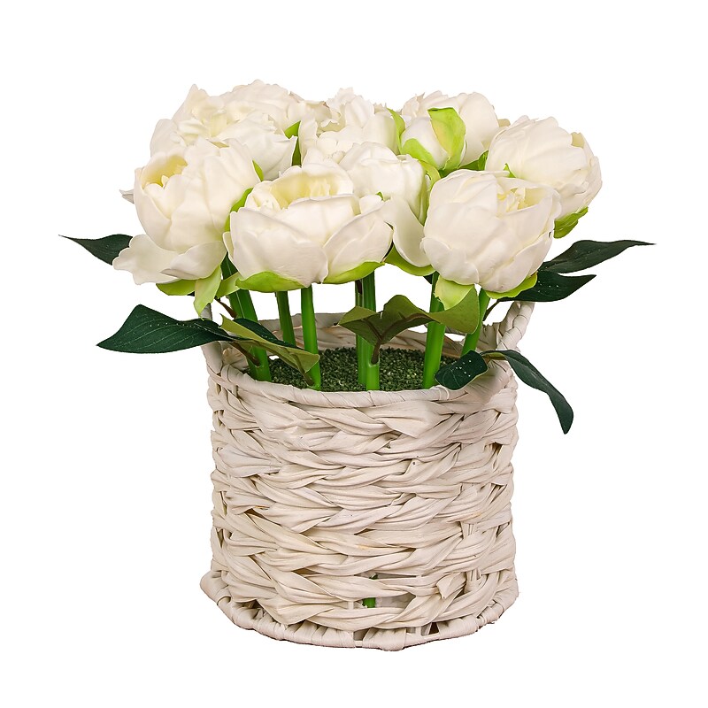 National Tree Company 10" White Peony Flower Bouquet in White Basket (MT81-06126GWH-1) image 1