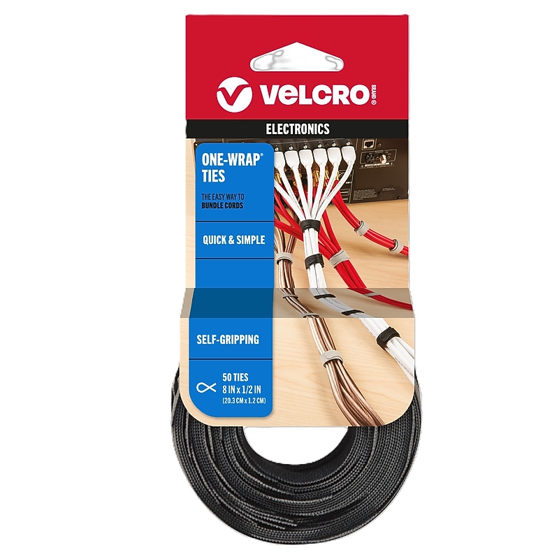 Velcro Brand One-Wrap Thin Cable Ties 1/2" x 8", Black/Gray, 50/Pack (90924) image 1
