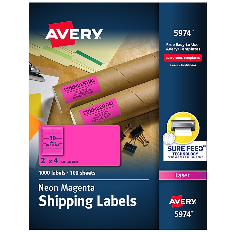 Avery Sure Feed Laser Shipping Labels, 2"x 4", Neon Magenta, 1,000 Labels/Box (5974) image 1