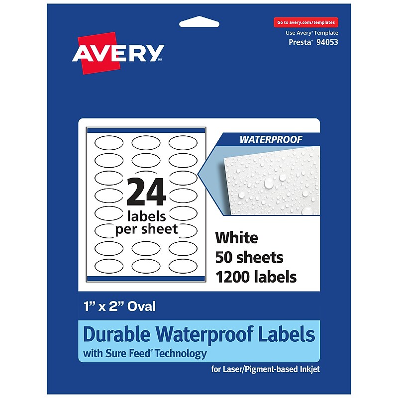 Avery Laser/Inkjet Oval  Waterproof Multipurpose Labels, 2"  Dia, White, 1200/Box (94053) image 1