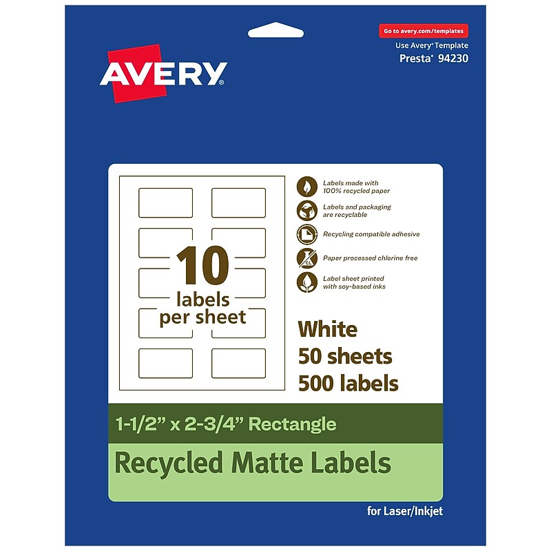 Avery EcoFriendly Laser/Inkjet Rectangle Multipurpose Labels, 1-1/2" x 2-3/4", White, 500/Box (94230) image 1