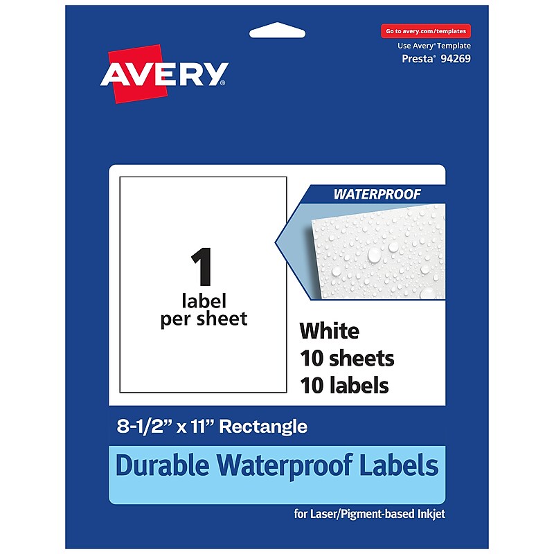 Avery Laser/Inkjet Waterproof Rectangle Labels, 8-1/2" x 11", White, 10 Labels/Pack (94269) image 1