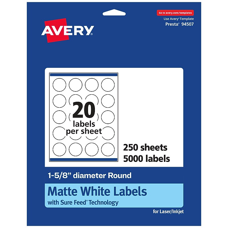 Avery Laser/Inkjet Round Multipurpose Labels, 1.625"  Dia, Matte White, 5000/Box (94507) image 1