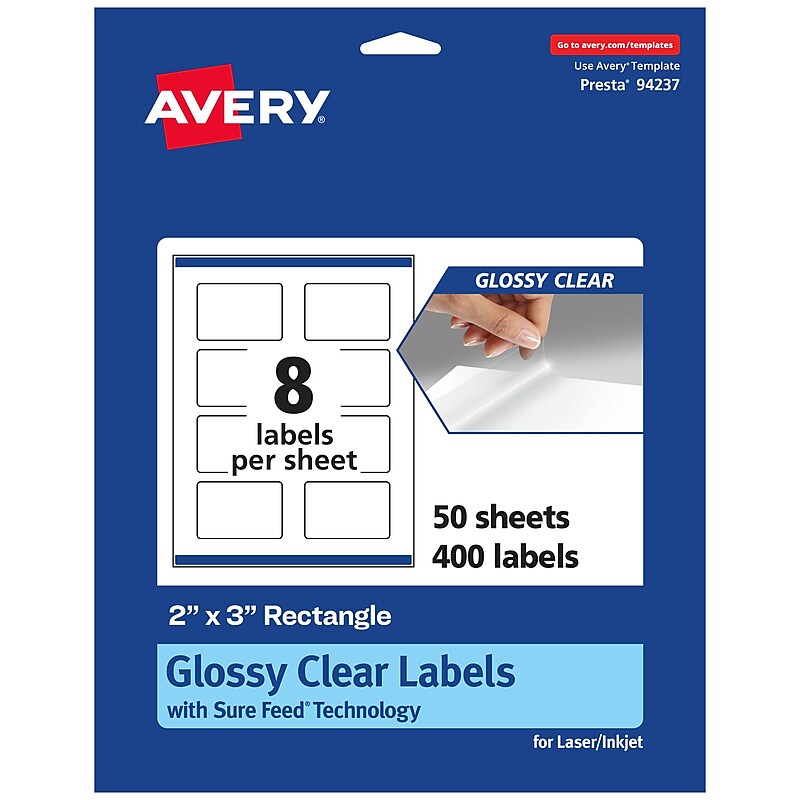 Avery Laser/Inkjet Rectangle Glossy Labels, 2" x 3", Clear, 400 Labels/Box (94237) image 1