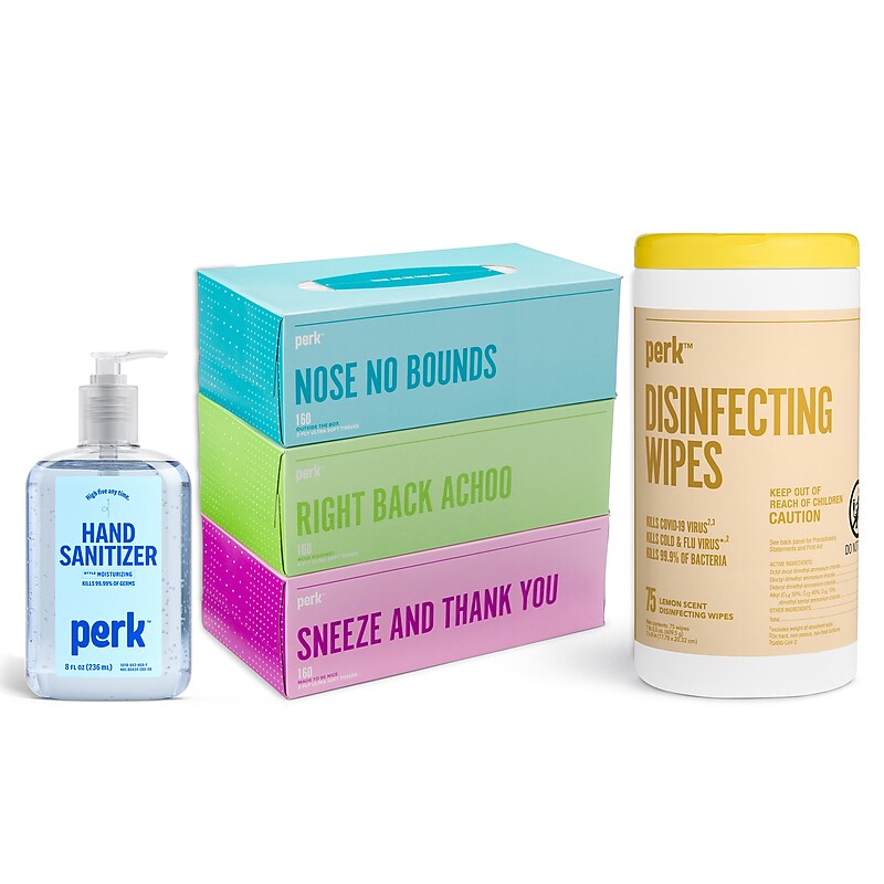 Perk Cold and Flu 70% Alcohol Gel Hand Sanitizer, Tissues & Lemon Scented Wipe Bundle, 3/Pack (PK55489-VB) image 1