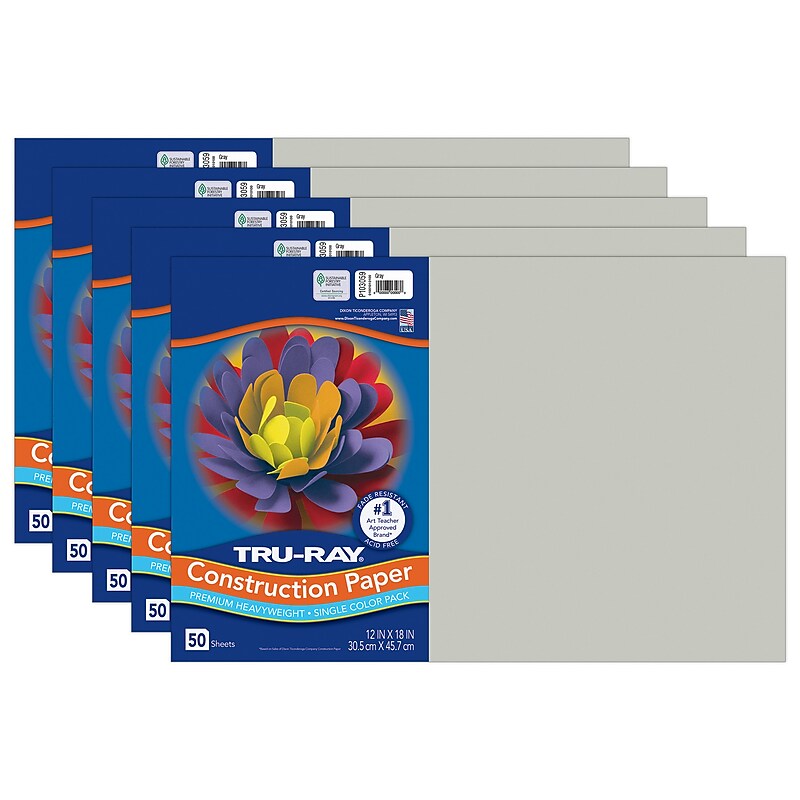 Tru-Ray 12" x 18" Construction Paper, Gray, 50 Sheets/Pack, 5 Packs/Bundle (PAC103059-5) image 1