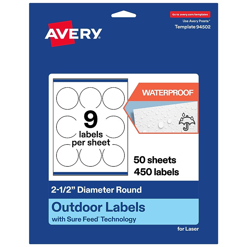Avery Round Laser Multipurpose Labels, 2.5" Dia., White, 450/Box (19479399410) image 1