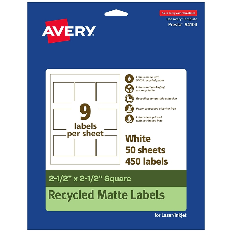 Avery EcoFriendly Laser/Inkjet Square Multipurpose Labels, 2-1/2" x 2-1/2", White, 450/Box (94104) image 1