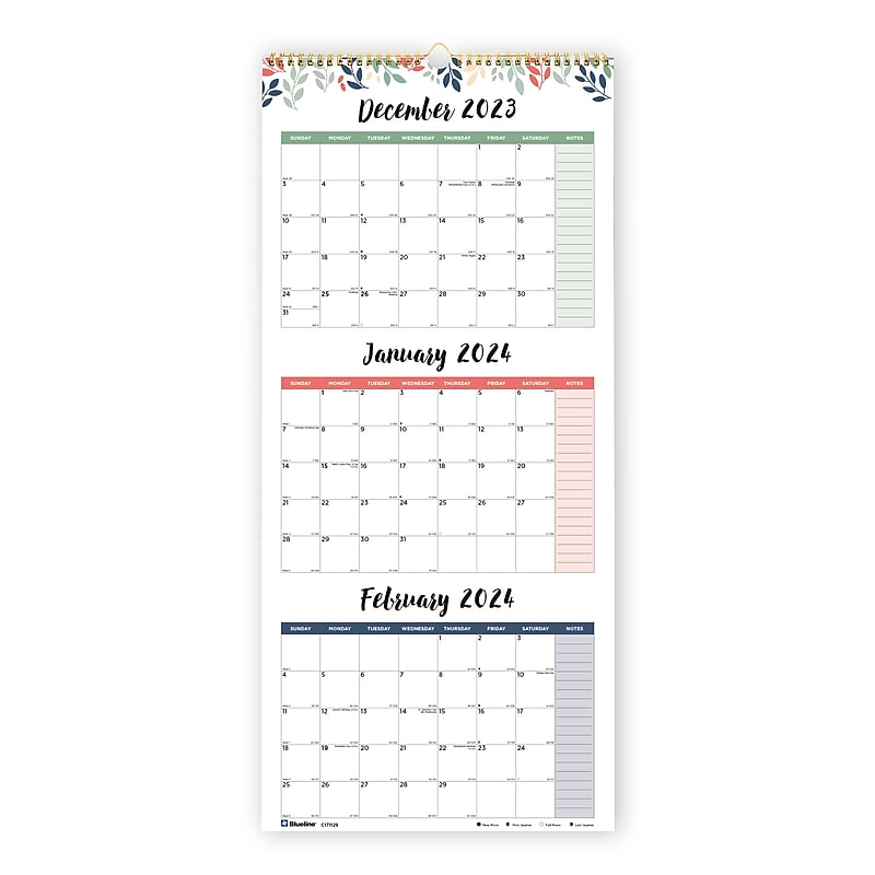 2024 Blueline Leaves 12.5" x 27" Three-Month Wall Calendar (C171129) image 1