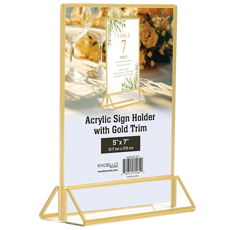 Excello Global Products Generic Holder, 5" x 7", Vertical, Desktop/Countertop, Gold Acrylic (SGNH-GT-5X7) image 1