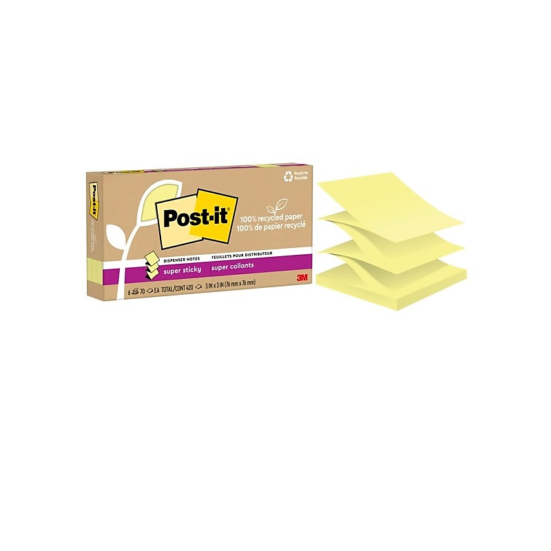 Post-it Recycled Pop-up Super Sticky Notes, 3" x 3", Canary Collection, 70 Sheets/Pad, 6 Pads/Pack (R330R-6SSCY) image 1