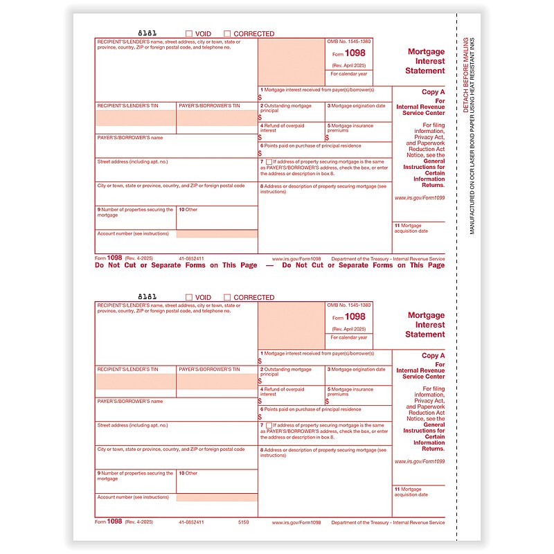 ComplyRight 2025 1098 Tax Form, 1-Part, 2-Up, Copy A, 25/Pack (515025) image 1