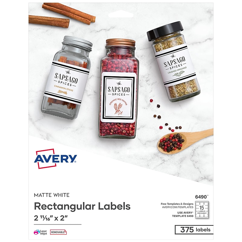 Avery Laser/Inkjet Media Labels, 2" x 2-11/16", White, 15/Sheet, 25 Sheets/Pack (6490) image 1