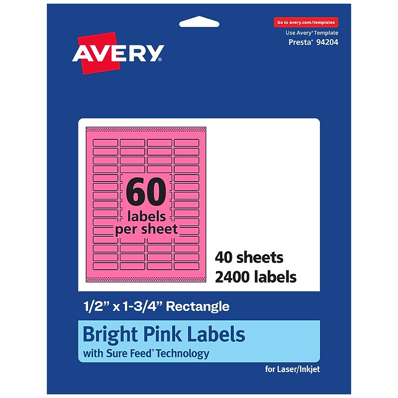 Avery Laser/Inkjet Rectangle Multipurpose Labels, 0.5" x 1.75", Bright Pink, 2400/Pack (94204) image 1