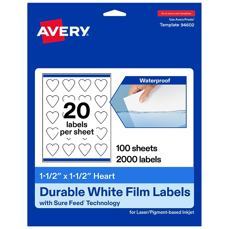 Avery Waterproof Heart Shaped Laser/Inkjet Multipurpose Labels, 1.5" x 1.5", White, 2000/Box (94602) image 1