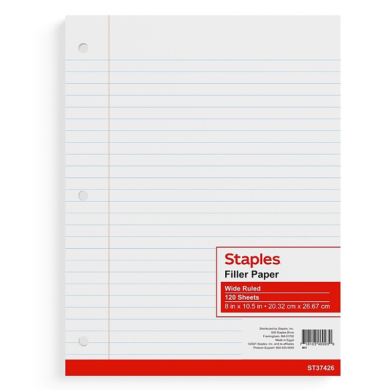 Staples® Wide Ruled Filler Paper, 8" x 10.5", White, 120 Sheets/Pack (ST37426D) image 1