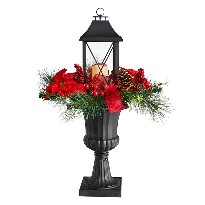 Nearly Natural 33" Holiday Christmas Berries & Poinsettia with Large Lantern and LED Candle Set in a Decorative Urn (A1864) image 1