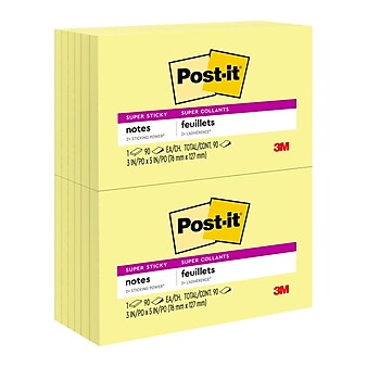 Post-it® Super Sticky Notes, 3" x 5", Canary Yellow, 90 Sheets/Pad, 12 Pads/Pack (655-12SSCY)