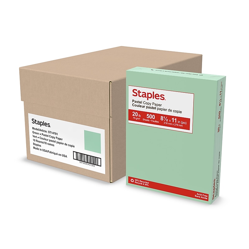Staples Pastel 30% Recycled 8.5" x 11" Color Copy Paper, 20 Lbs., Green, 5000 Sheets/Carton (14781-AA) image 1