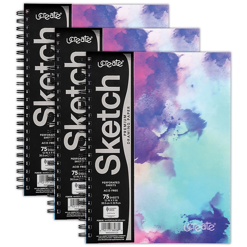 uCreate 9" x 12" Wire Bound Sketch Book, 75 Sheets/Book, 3 Pads/Bundle (PAC38038-3) image 1