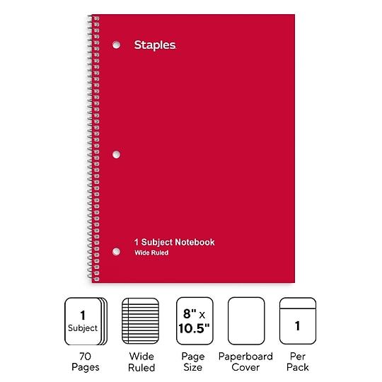 STAPLES 1‑Subject Notebook, 8” x 10.5”, Wide Ruled, 70 Sheets, Red~#|#~9BF4F243-477B-4001-AE4AA05F406595BD_sc7