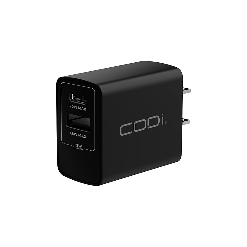 CODi 20W Dual Port Wall Charger, USB-C & USB-A Outputs, Black (A01102) image 1