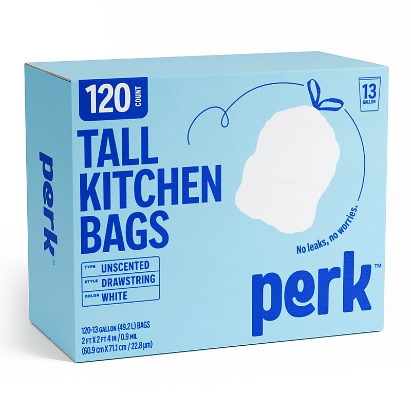 Perk™ 13 Gallon Kitchen Trash Bag, 28" x 24", Low Density, 0.9 mil, White, 120 Bags/Box (PK56750) image 1