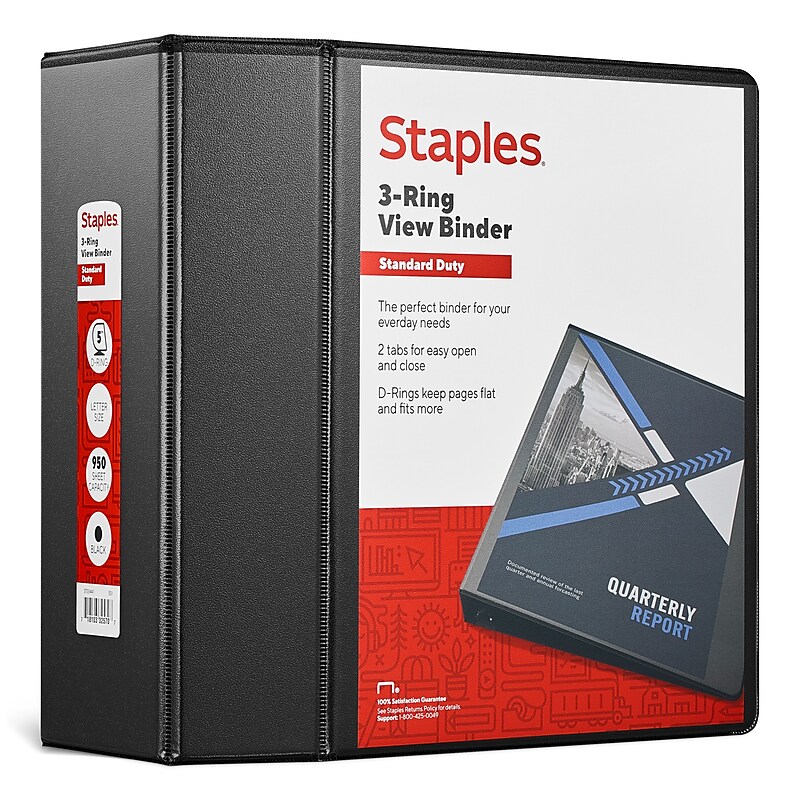 Staples 5" 3-Ring View Binder, D-Ring, Black (55441/26359) image 1