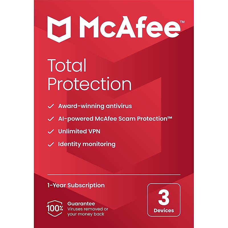 McAfee Total Protection for 3 Users, Windows/Mac/Android/iOS/ChromeOS, Product Key Card (MTP21EST3RAAM) image 1